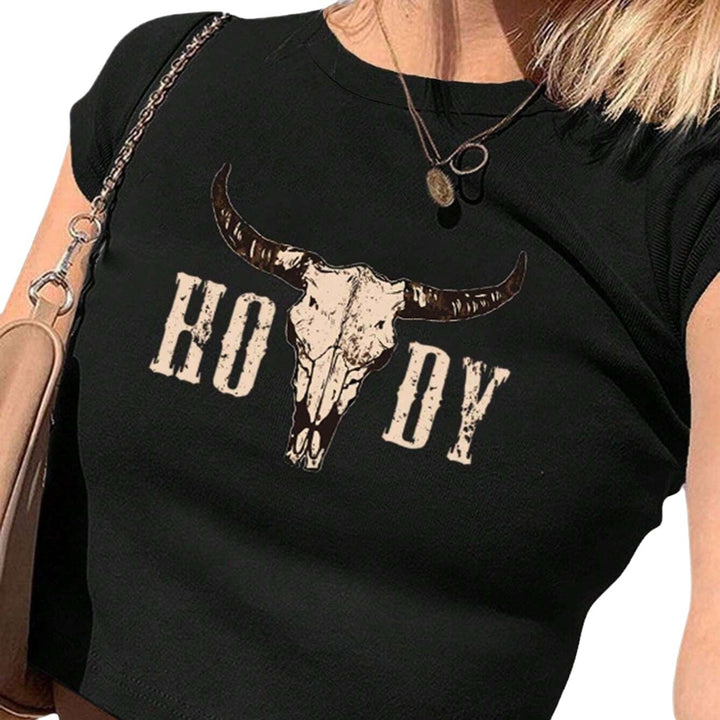 Damer Crop-T-Shirt med kreativt Cow Skull Design Skovae