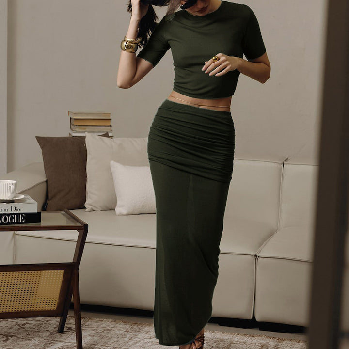 Dame sæt bestående af cropped top og høj split nederdel med flæsedetaljer Stilla