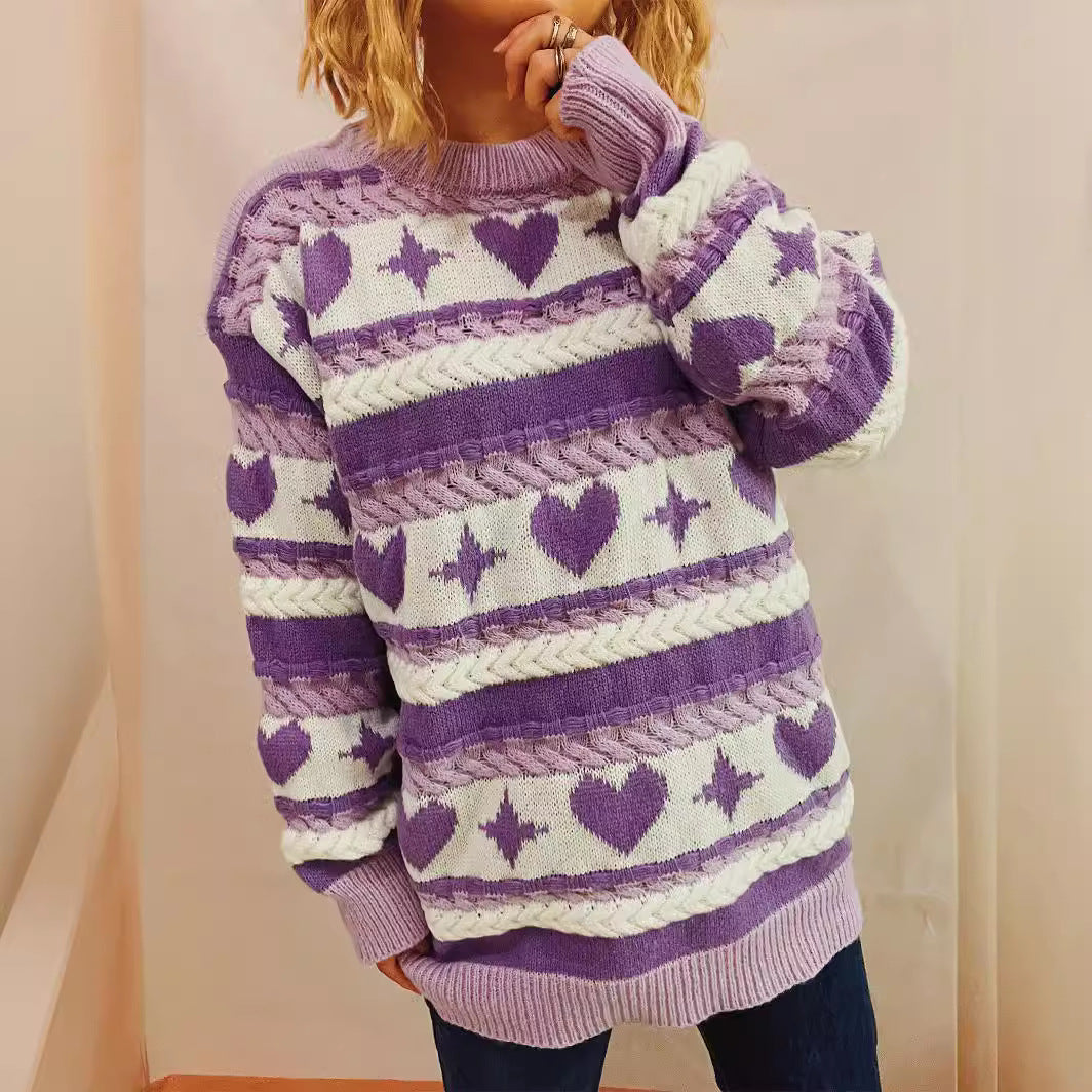 Kvindernes chunky strikkede sweater med hjerteformet mønster og brede striber Stilla