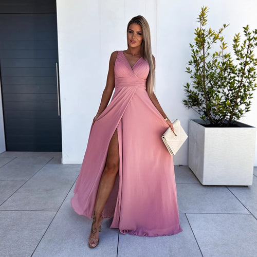 Dame elegant maxikjole med dyb slids og omslag detalje Stilla