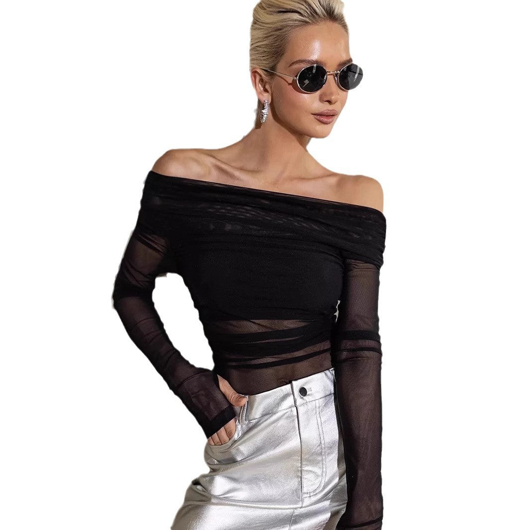 Dame Offshoulder Langærmet Top i transparentt netmateriale Skovae