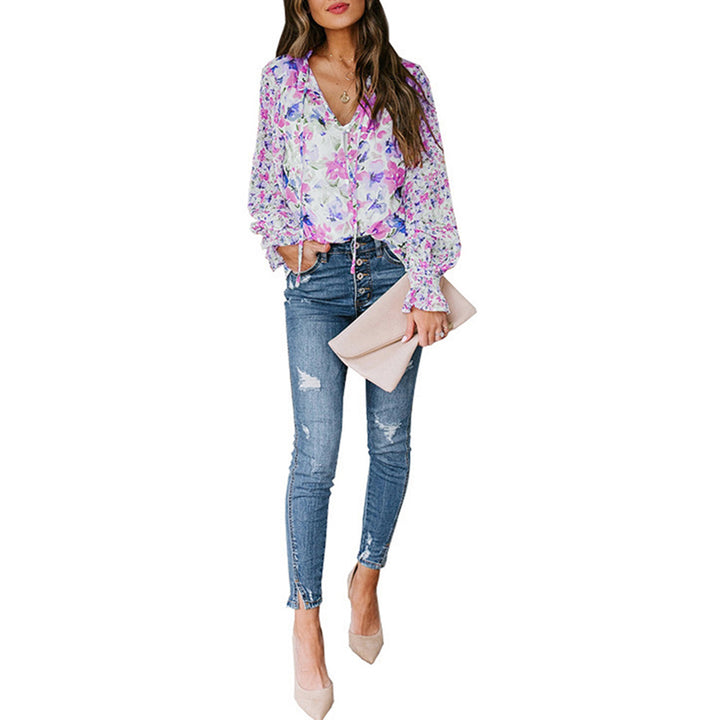 Damer Blomster mønster blouse top med brede ærmer Stilla