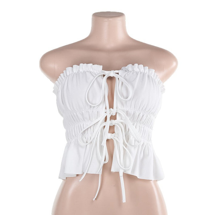 Dame Cropped Top med flæseafskåret kant og sexy snøring Skovae