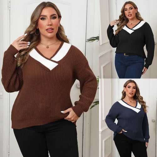 Dame Oversized Strikpullover med V-udskæring og kontrasterende detaljer Stilla