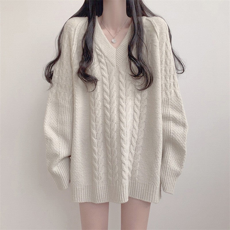 Femme Oversized V-Udskæring Kablestrikket Pullover Stilla