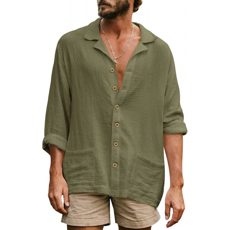 Herrer afslappet linen skjorte med moderigtig Henley-udskæring og praktiske lommer Stilla