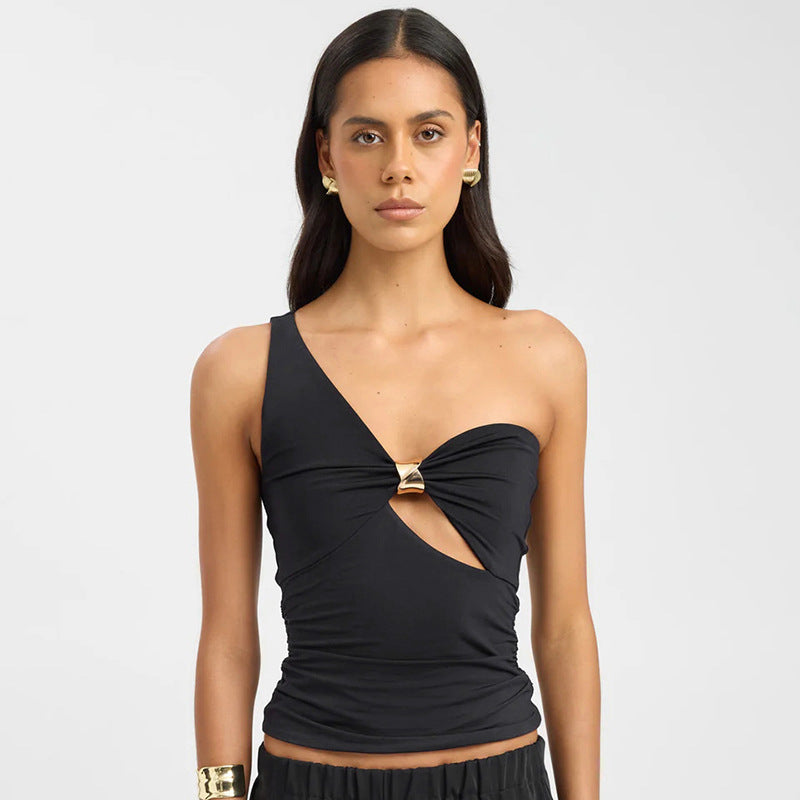 Dame top med asymmetrisk design og dekorativ lynlås Skovae