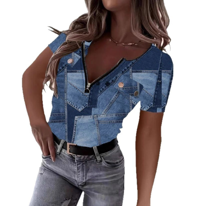 Dame Kortærmet Bluse i Denim-look Stilla