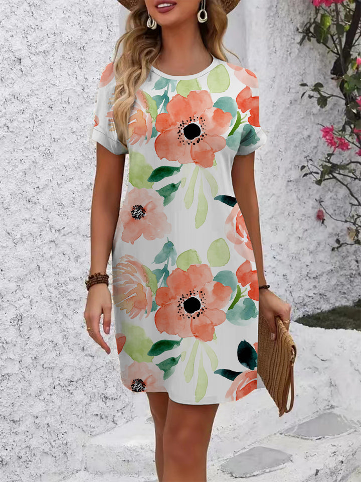 Dame T-Shirt kjole med blomsterdesign og behagelig pasform Skovae