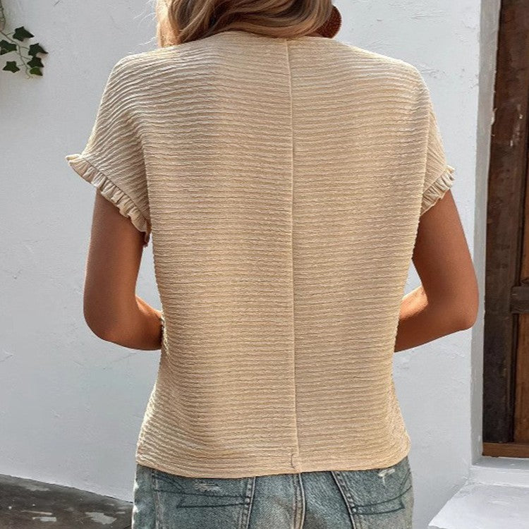 Dame Kort stribet T-shirt med flæsedetaljer Stilla