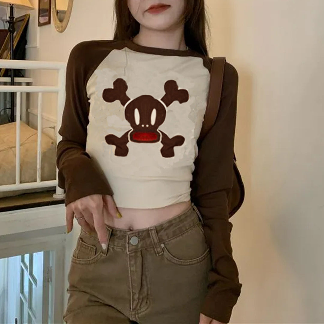 Damer trendy raglan-crop-top med dødningehoved-print Skovae