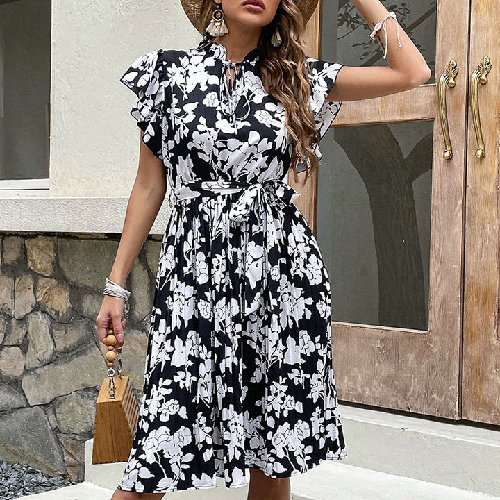 Dame Floral Print Midi Kjole med elegante Flæsekant Stilla