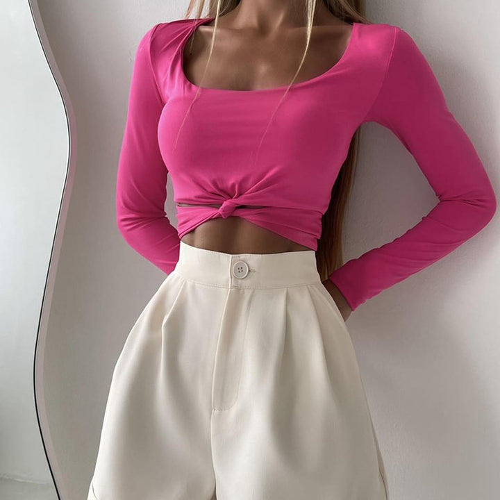 Dame Langærmet Crop Top med Knytedetalje og U-båd Udsnit Stilla