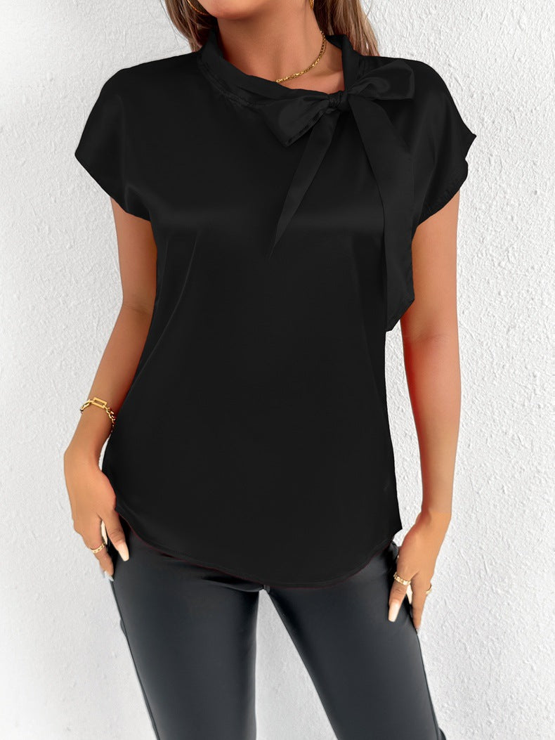 Damer Elegant Top med Sløjfedetalje og Ståkrave Skovae