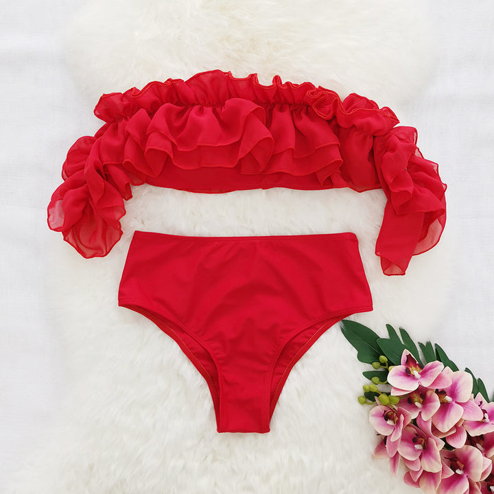 Dame bikini-sæt med voluminøse flæser og høj skæring Stilla
