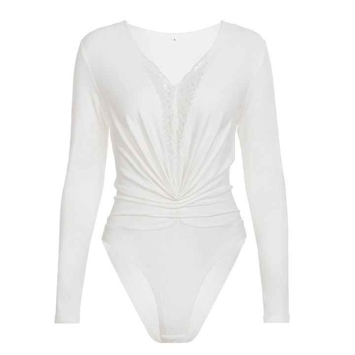 Damen Bodysuit mit tiefem V-Ausschnitt und elegantem Raffungselement Skovae