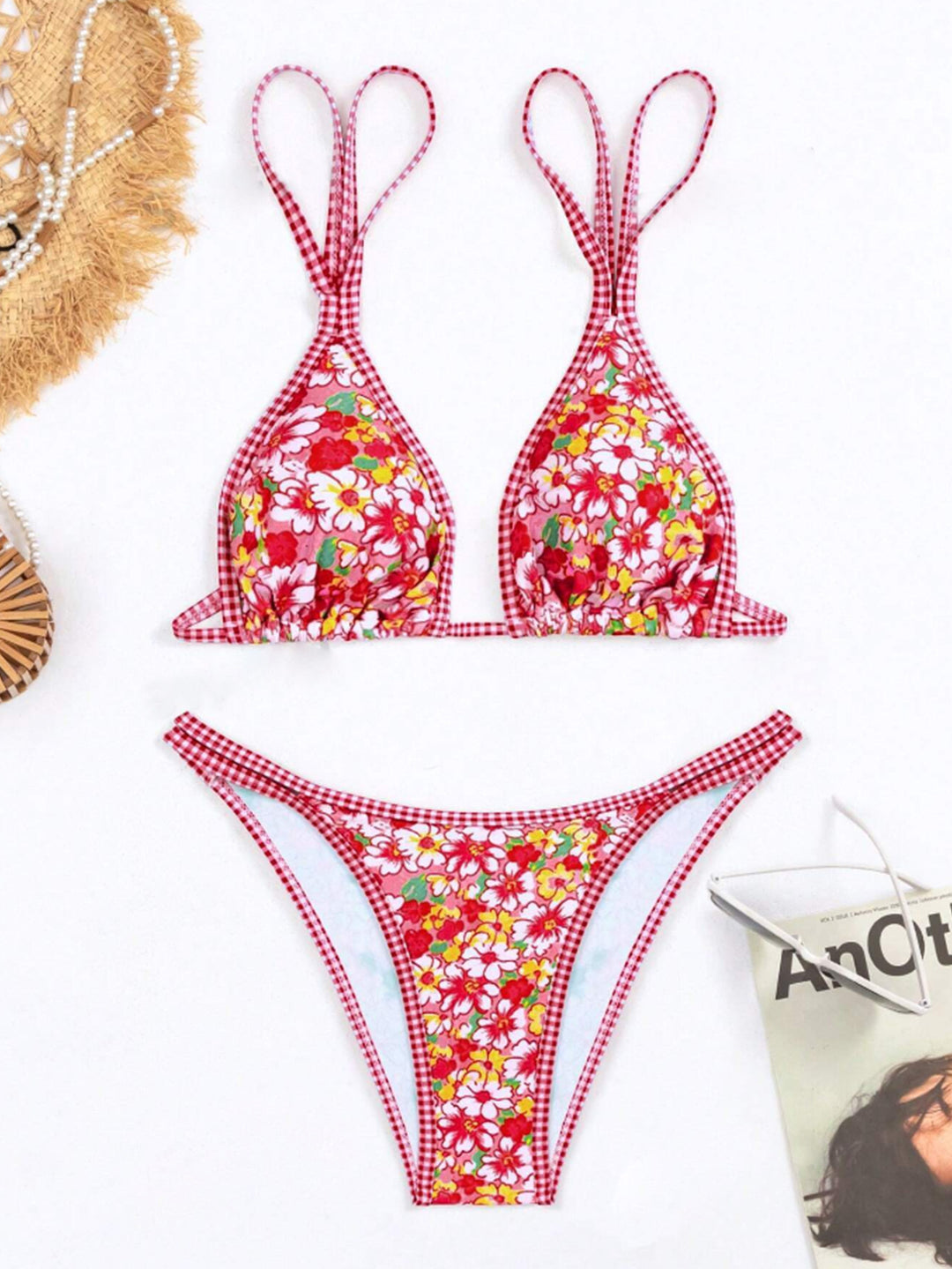 Dame bikini-sæt med blomstret design og ternet top Stilla