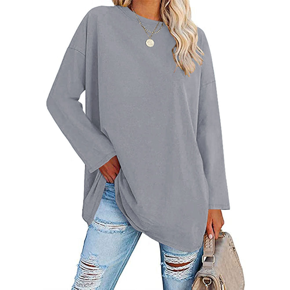 Dame afslappet oversized langærmet t-shirt med dyb rund halsudskæring og sidelange slidser Stilla