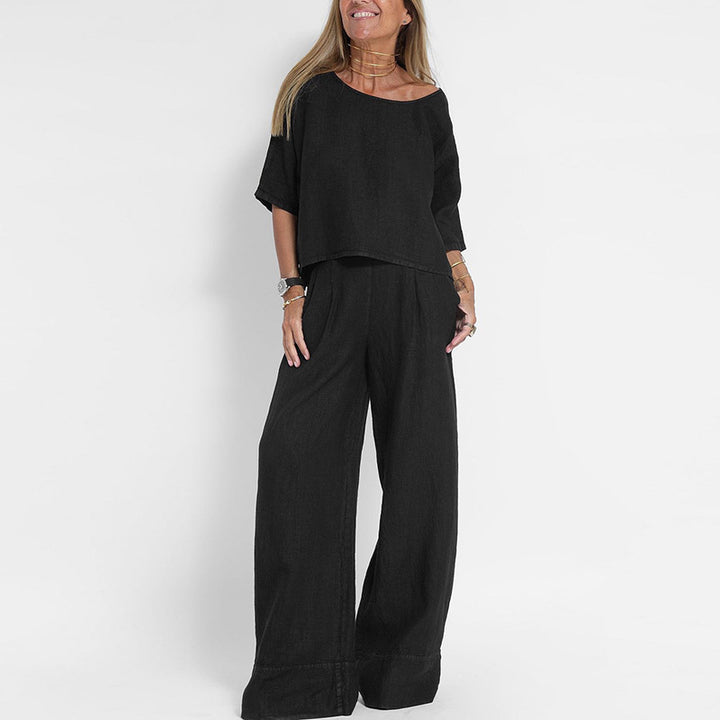 Dame let linned sæt med løstsiddende bukser og cropped top Stilla