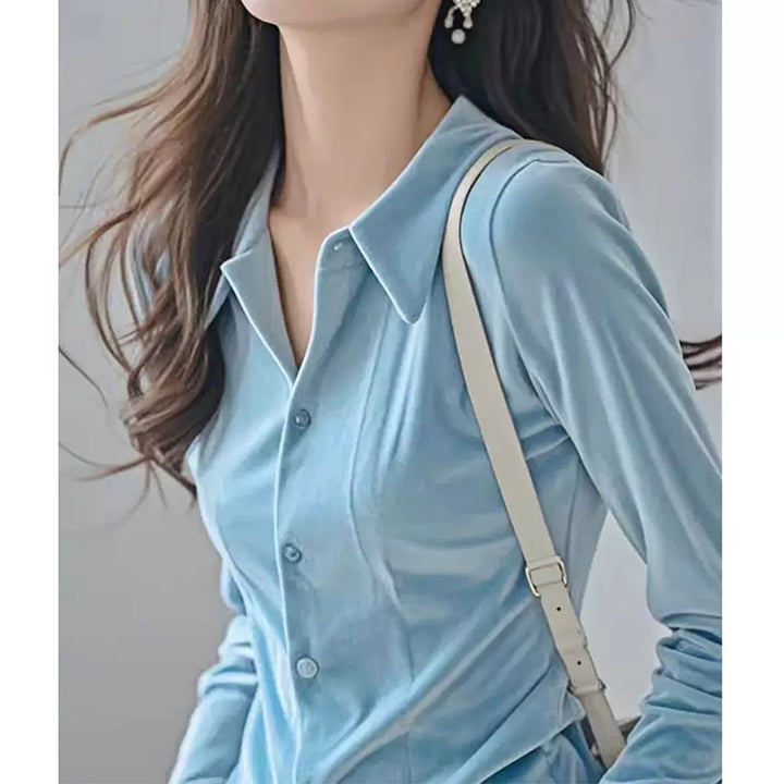 Dame elegant stretchbluse med knaplukning og silkeagtig fornemmelse Stilla