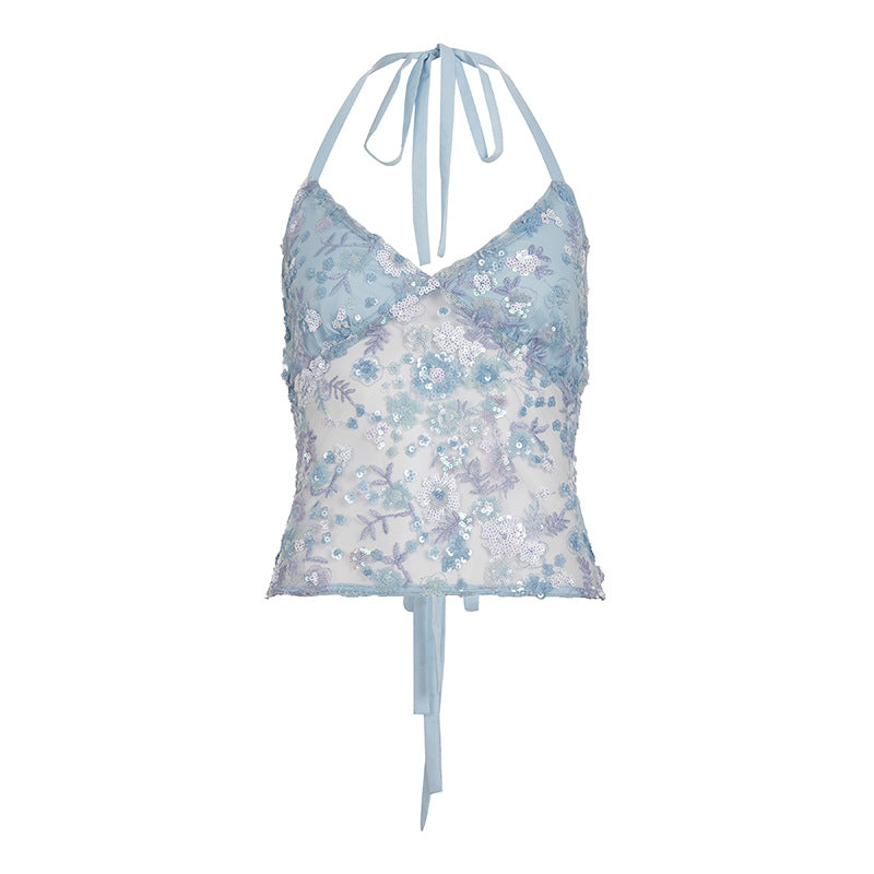 Dame blonde halterneck top med dekorative ringdetaljer Skovae