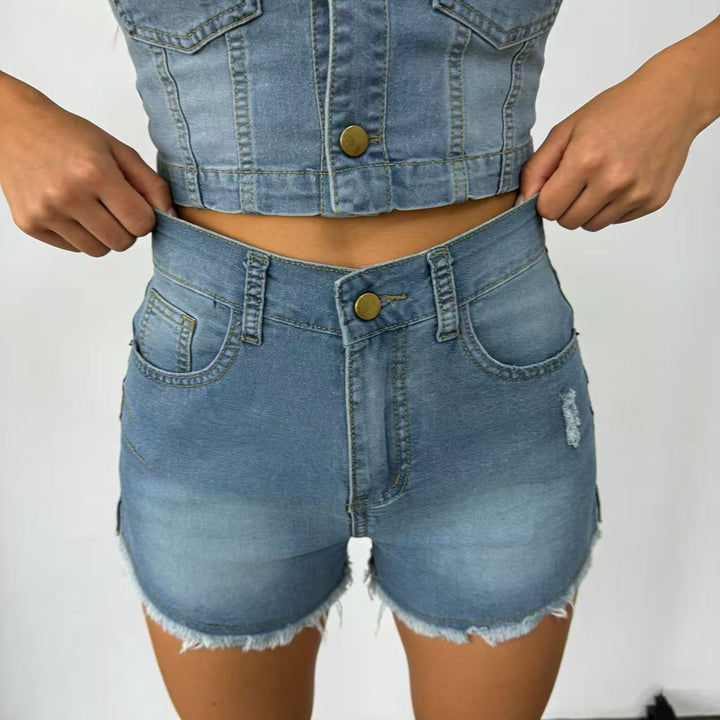Dame højskårne denim shorts i trendy franse-look Skovae