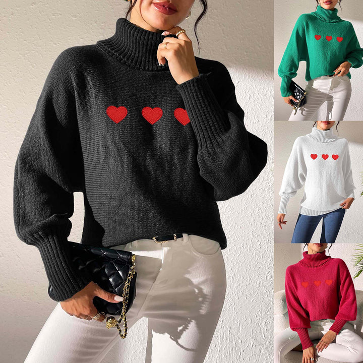 Dame Oversized Strikpullover med Rullekrave og Hjertemotiv Stilla