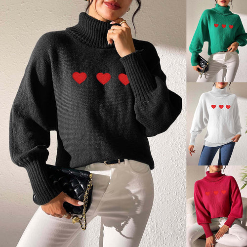 Dame Oversized Strikpullover med Rullekrave og Hjertemotiv Stilla