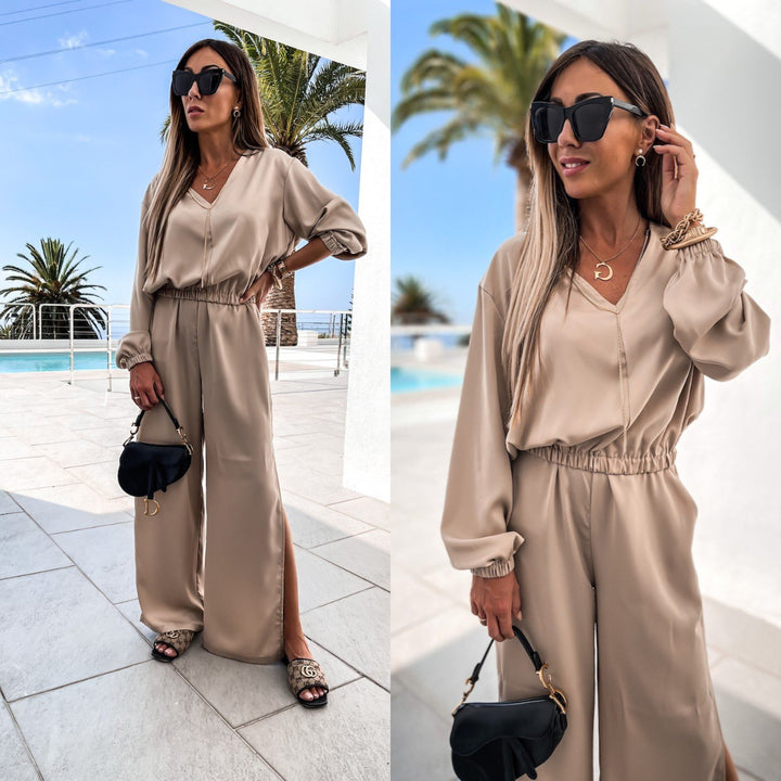 Kvinders elegante jumpsuit med brede ben og V-hals