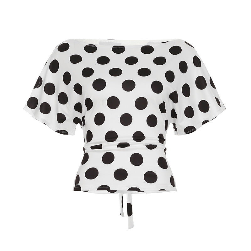 Damer afslappet top med stilfuldt polka-dot mønster og bindebåndsdetalje Skovae