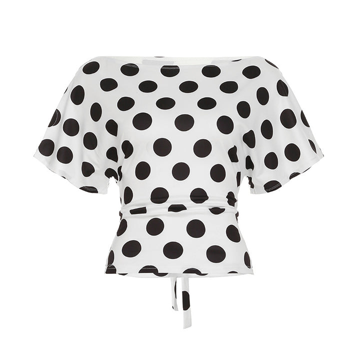 Damer afslappet top med stilfuldt polka-dot mønster og bindebåndsdetalje Skovae