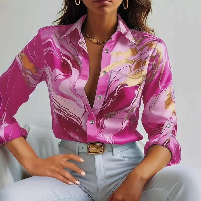 Damer Elegant Satinbluse med maritimt mønster Stilla