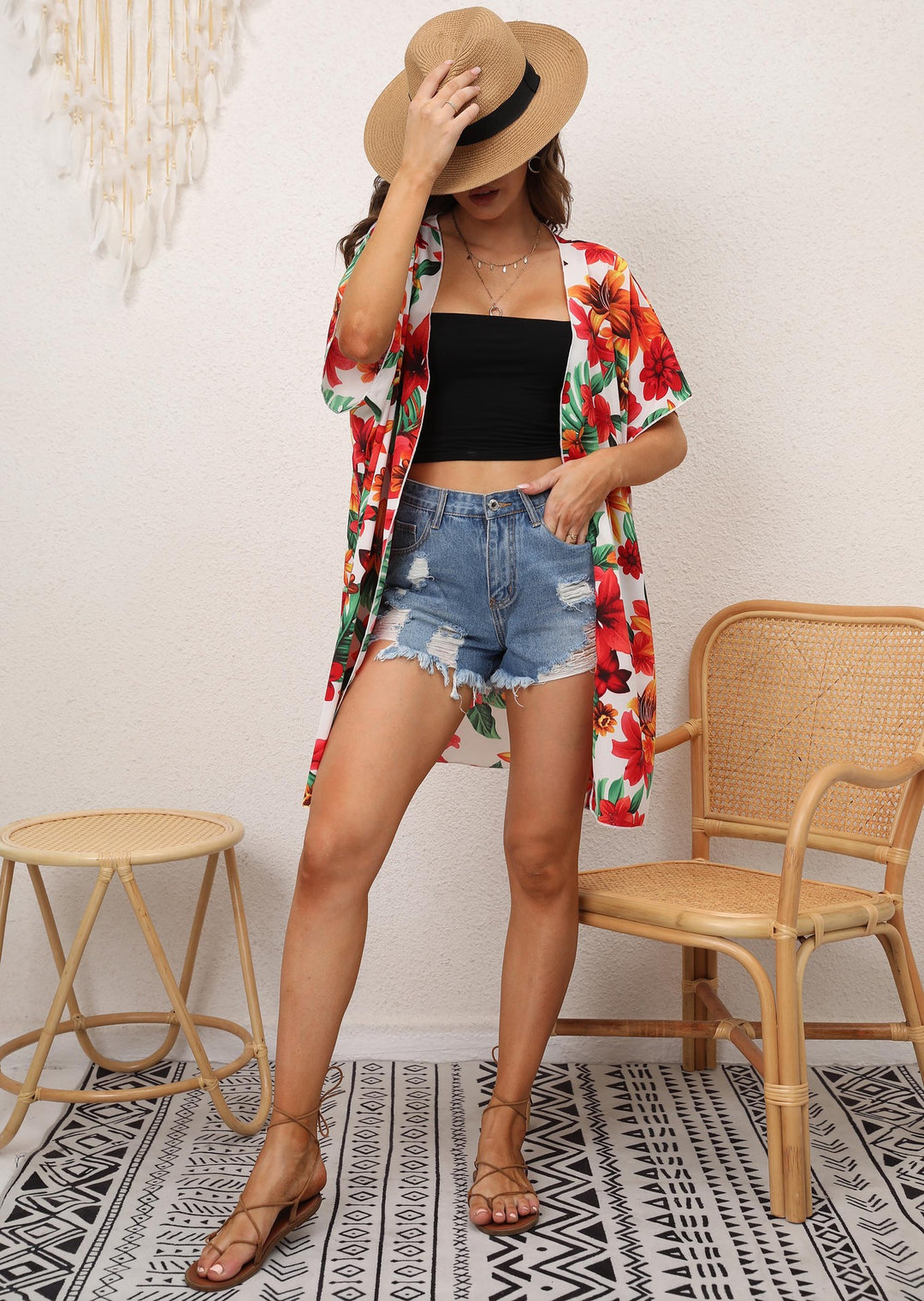 Dame Floral Print Åben Foran Kimono Wrap Stilla