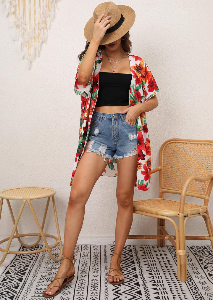 Dame Floral Print Åben Foran Kimono Wrap Stilla