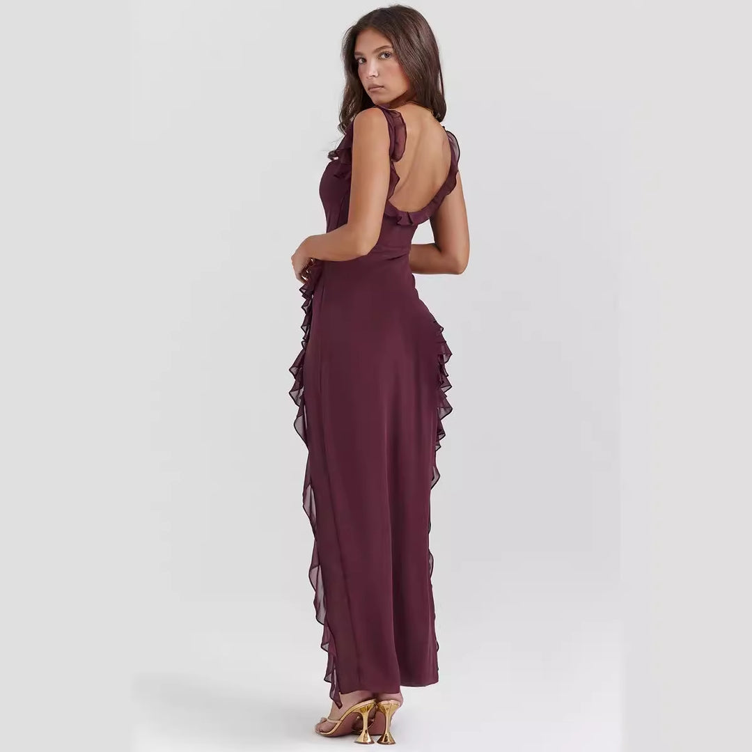 Kvindernes elegante asymmetrisk kjole med ruffle detaljer og blomster mønster Stilla