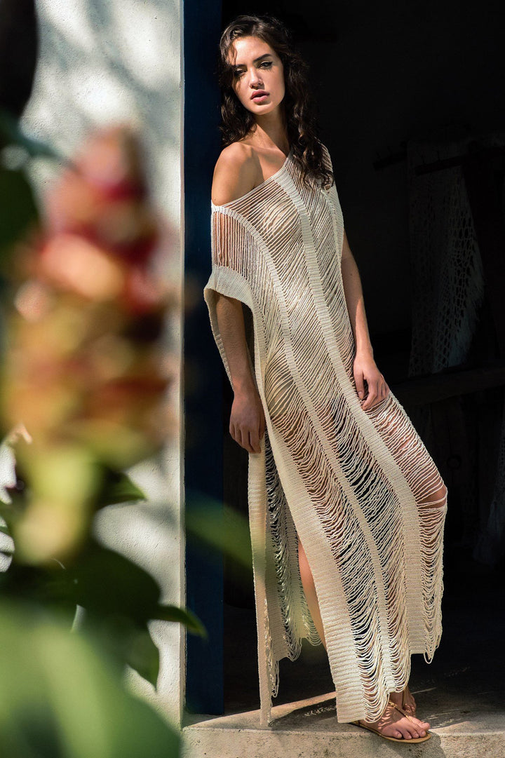 Dame Strandlinned Kaftan med kunstnerisk vævning og bredt skåret design Stilla