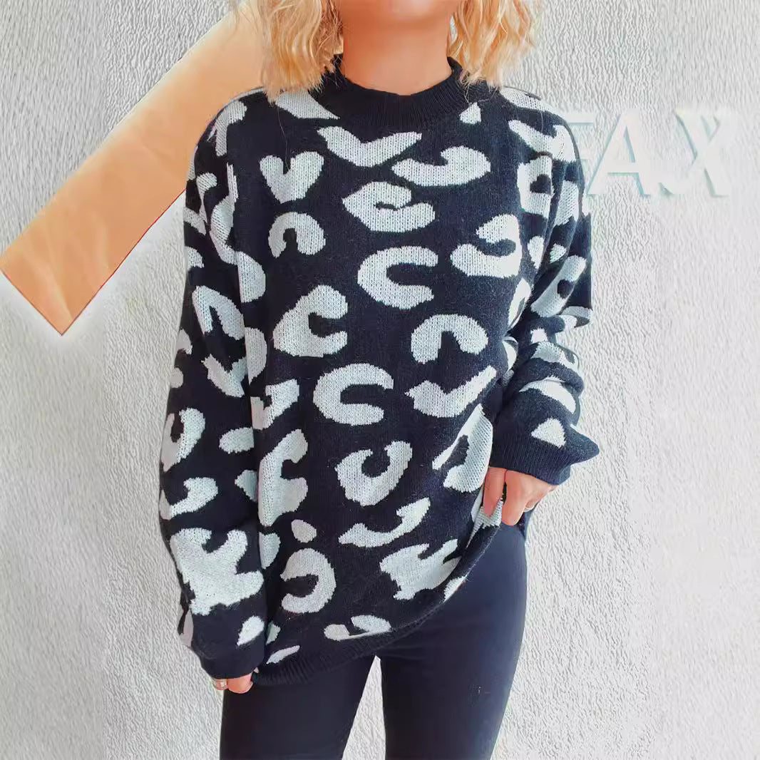 Dame komfortabel oversized pullover med moderne leopardmønster og rund halsudskæring Stilla