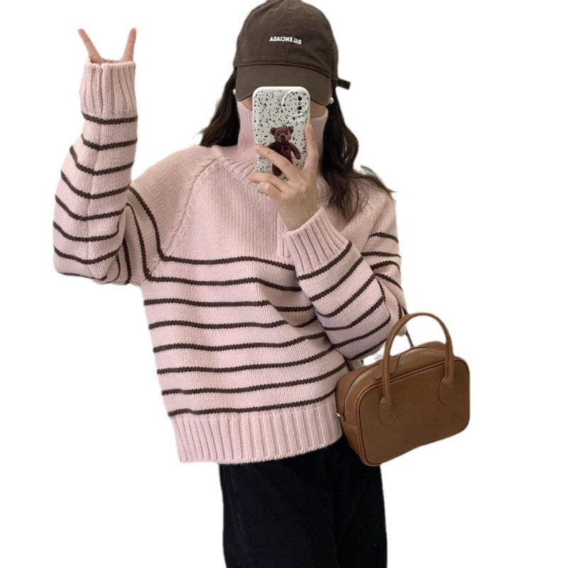 Kvinders afslappet sweater med stribet design og halvlås Stilla