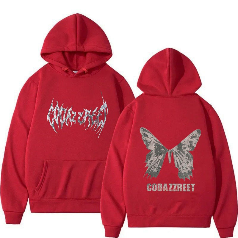 Kvinders hoodie med iøjnefaldende sommerfugl design og kunstnerisk skrift Skovae