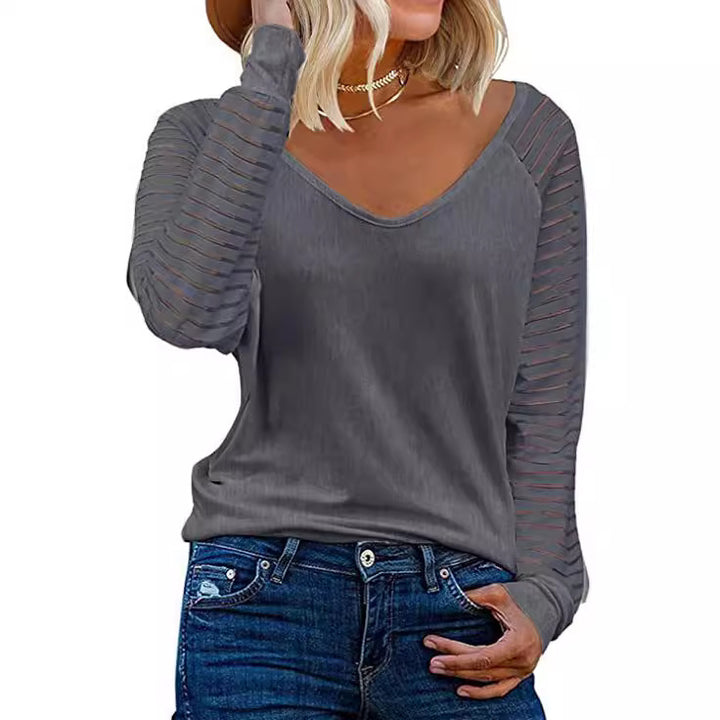 Dame V-hals top med transparente stribearm Stilla