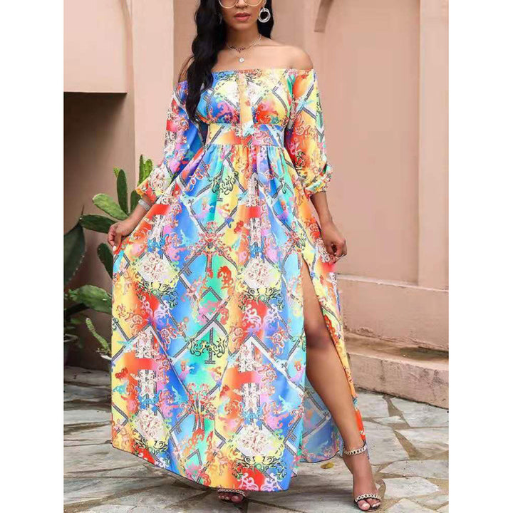 Dame Maxikjole med gardinlignende floral design og off-shoulder snit Stilla