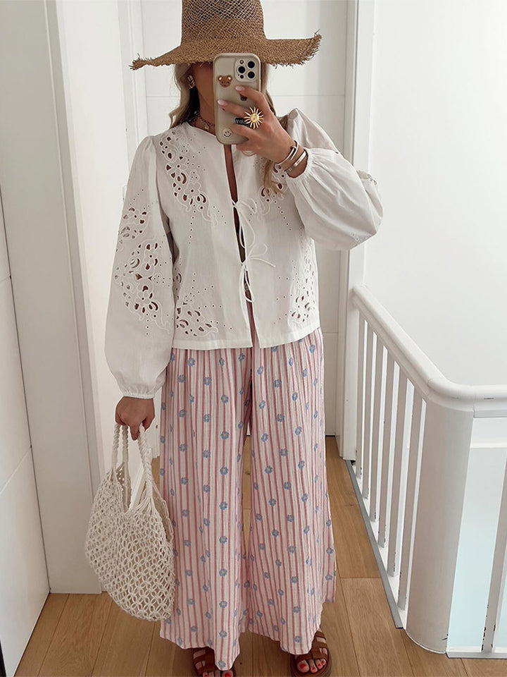 Dame Broderie Anglaise Bluse med voluminøse ærmer Stilla