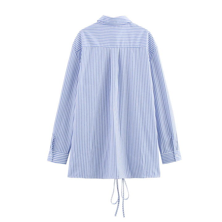 Femme Let Stribet Button-Up Skjorte med Justerbar Snøre Stilla