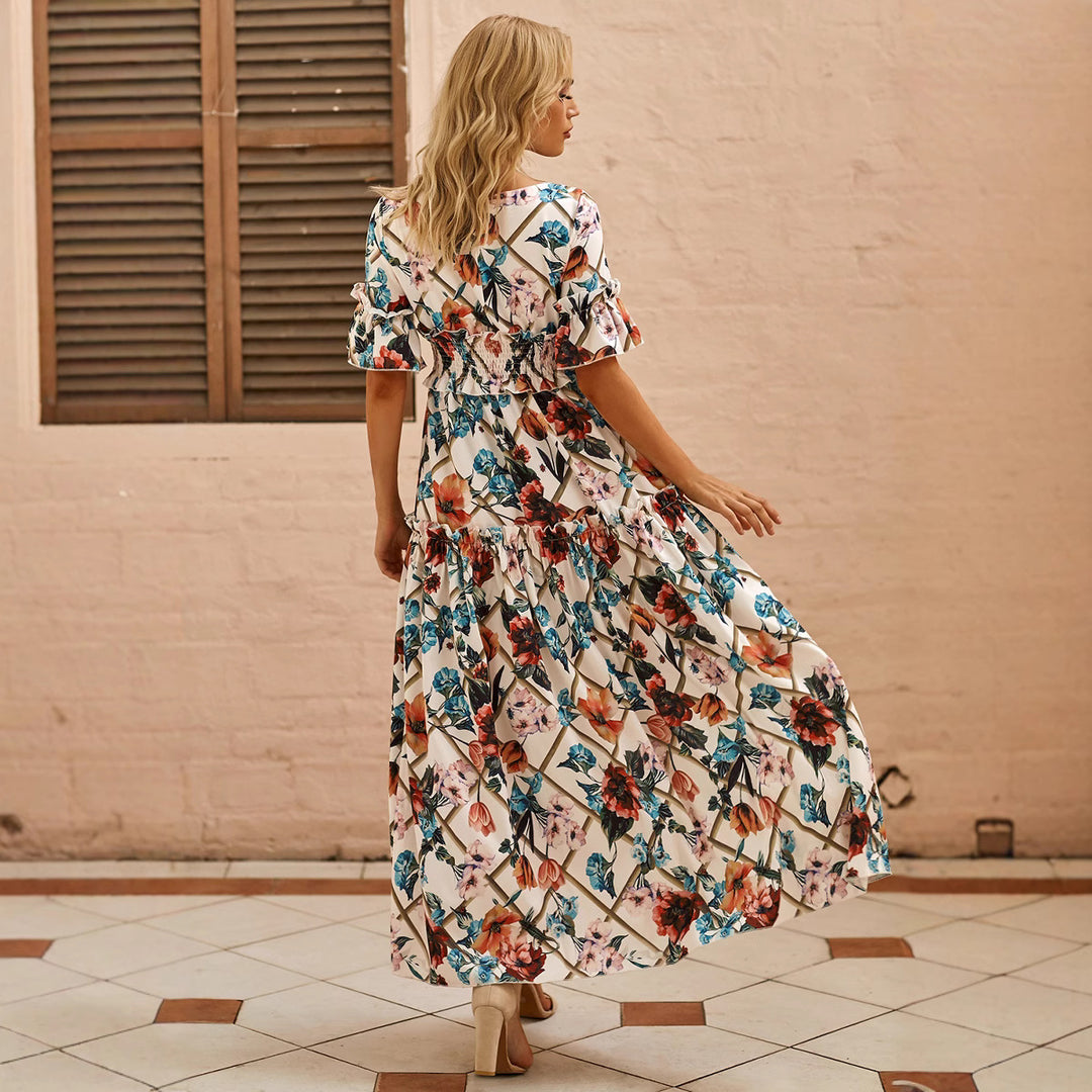 Dame Maxi Kjole med blomstertrykt og Smock Stilla