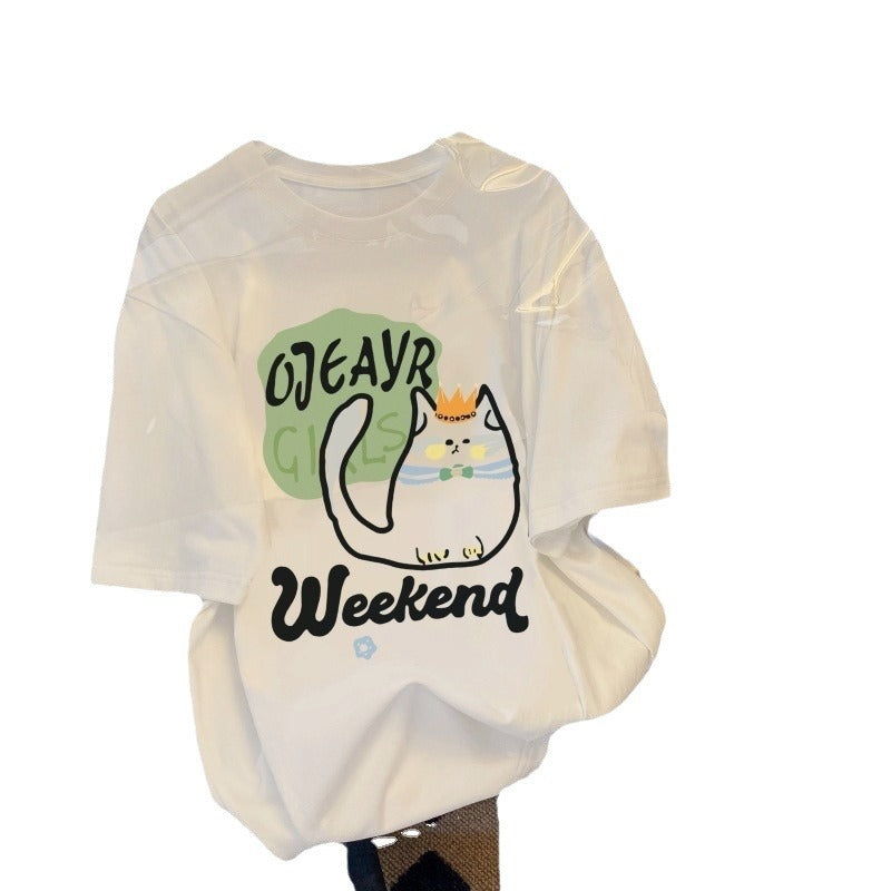 Dame T-shirt med kreativt kattemotiv og inspirerende weekend-tekst Stilla