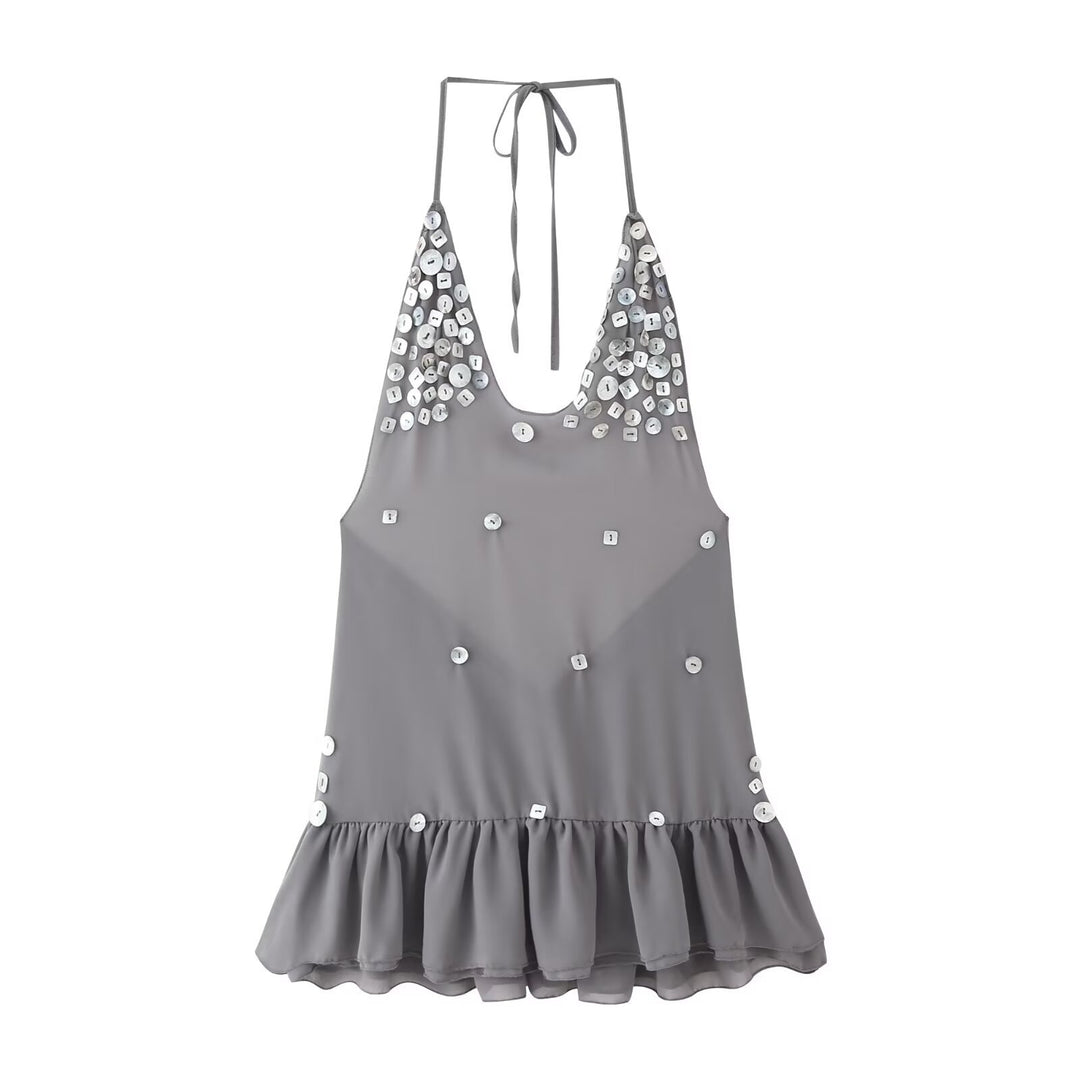 Femme Halter Neck Beaded Flounced Mini Dress Stilla