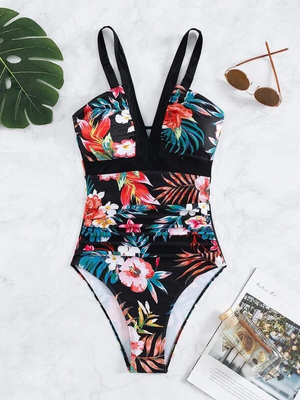 Dame Floral Print V-Hals Enstykket Badedragt Stilla