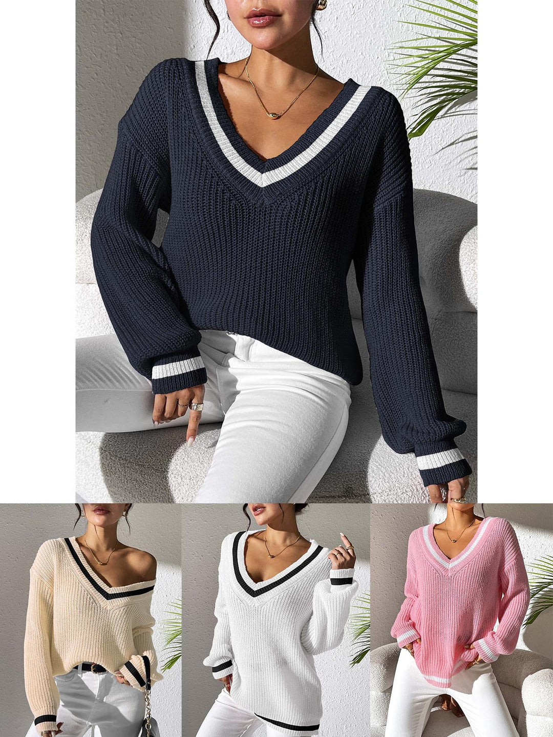 Dame blød V-hals strikpullover med moderne striber Stilla