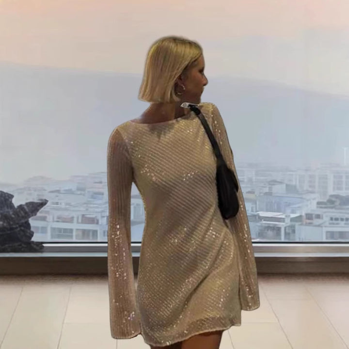 Dame Glitrende Mini-kjole med elegante ærmer og funkende palietter Stilla