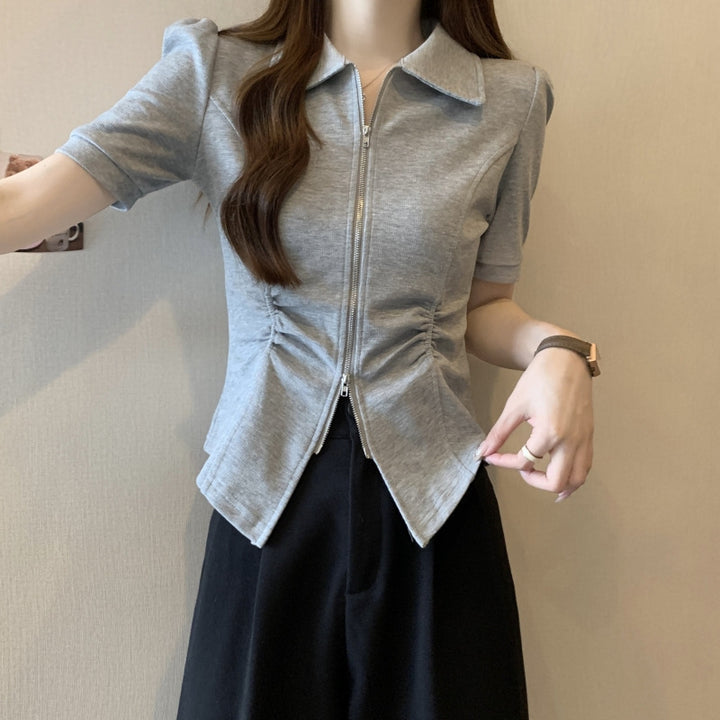 Femme Lynlås foran Peplum Bluse med Rynkning Stilla